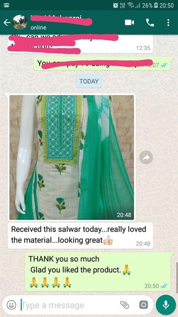 Received this salwar today... Really loved the material... Looking great good. -Reviewed on 29-April-2019