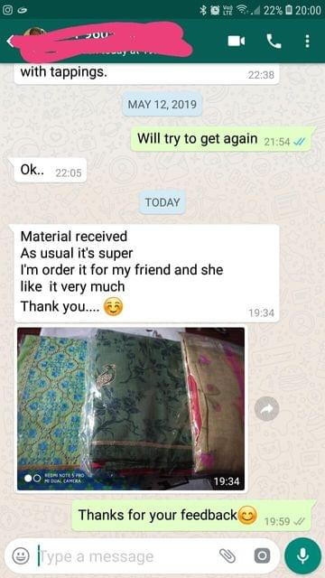 Material received... As usual it's super... I'am order it for my friend... And she like it very much... Thank you. -Reviewed on 14-May-2019