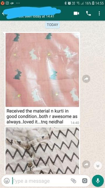 Received the material... And kurti in good condition... Both are awesome as always... loved it... Thank you Neidhal. -Reviewed on 01-Jun-2019