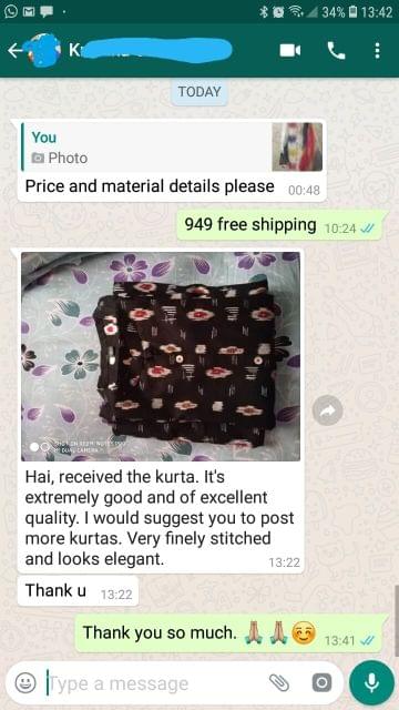 Received the kurta... It's extremely good and of excellent quality... I would suggest you to post more kurtas... Very finely stitched and looks elegant... Thank you. -Reviewed on 06-Jun-2019